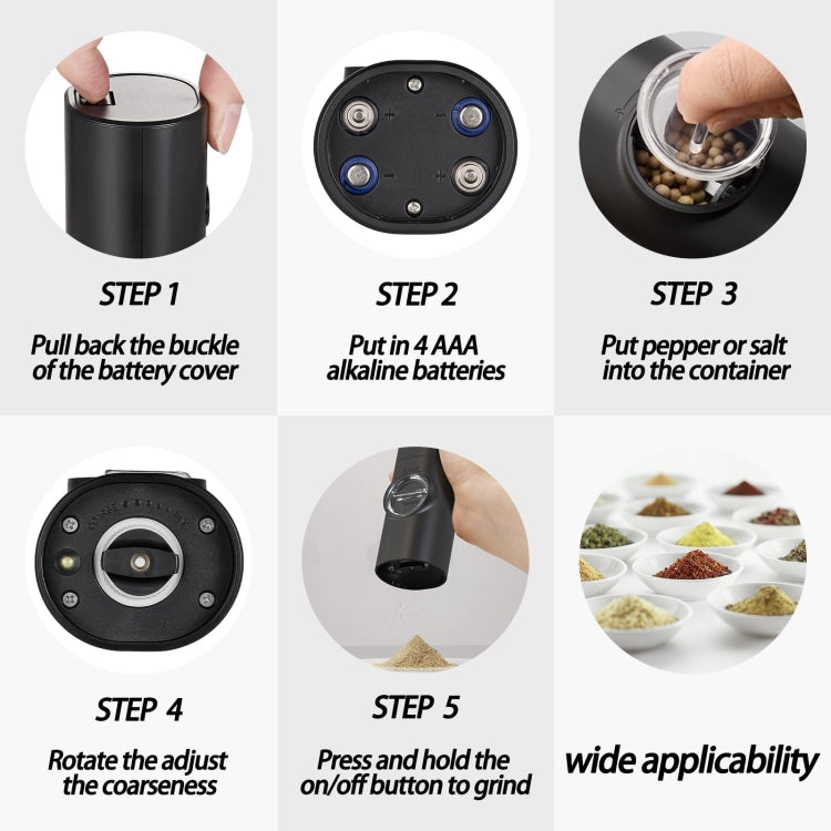 Electric Automatic Salt and Pepper Grinder Set Battery Powered, A2 KYMQ-14-BS, B2 KYMQ-16B-BS