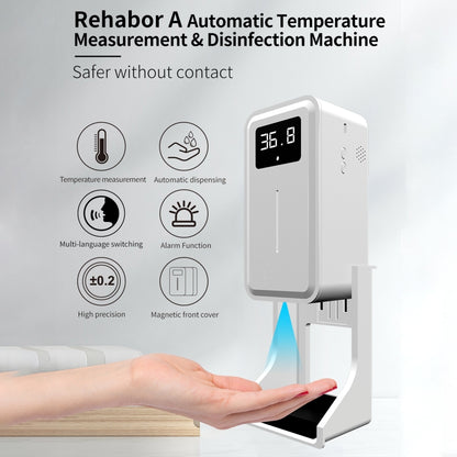 Rehabor A Handsfree Non-contact Body Light-sensitive Distance Sensor Thermometer + 450ml Automatic Non-contact Liquid Soap Spraying Dispenser with Base Mount, Rehabor A