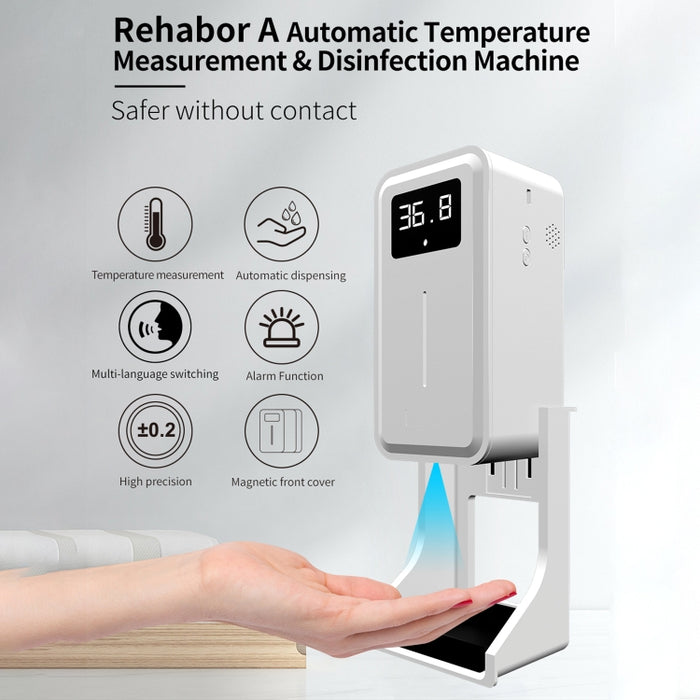 Rehabor A Handsfree Non-contact Body Light-sensitive Distance Sensor Thermometer + 450ml Automatic Non-contact Liquid Soap Spraying Dispenser with Base Mount