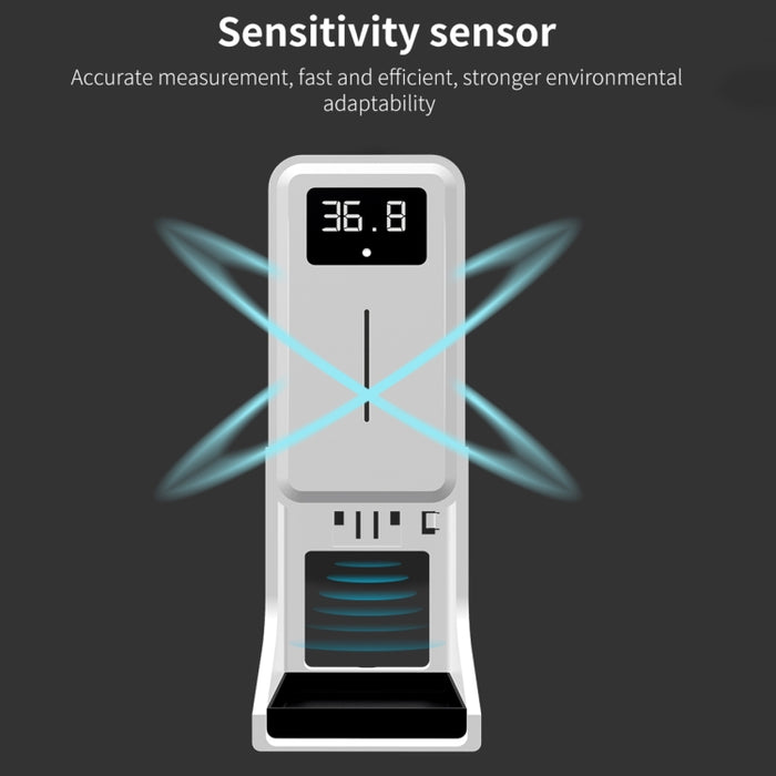 Rehabor A Handsfree Non-contact Body Light-sensitive Distance Sensor Thermometer + 450ml Automatic Non-contact Liquid Soap Spraying Dispenser with Base Mount