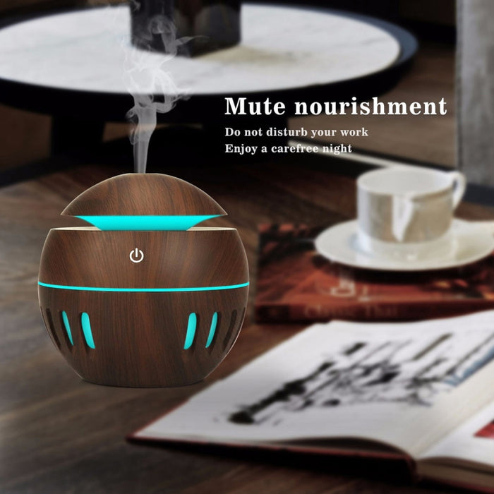 Wood Grain USB Hollowed-out Humidifier Seven Color Aromatherapy Lamp Automatic Alcohol Sprayer with Remote Control(Sky Blue)