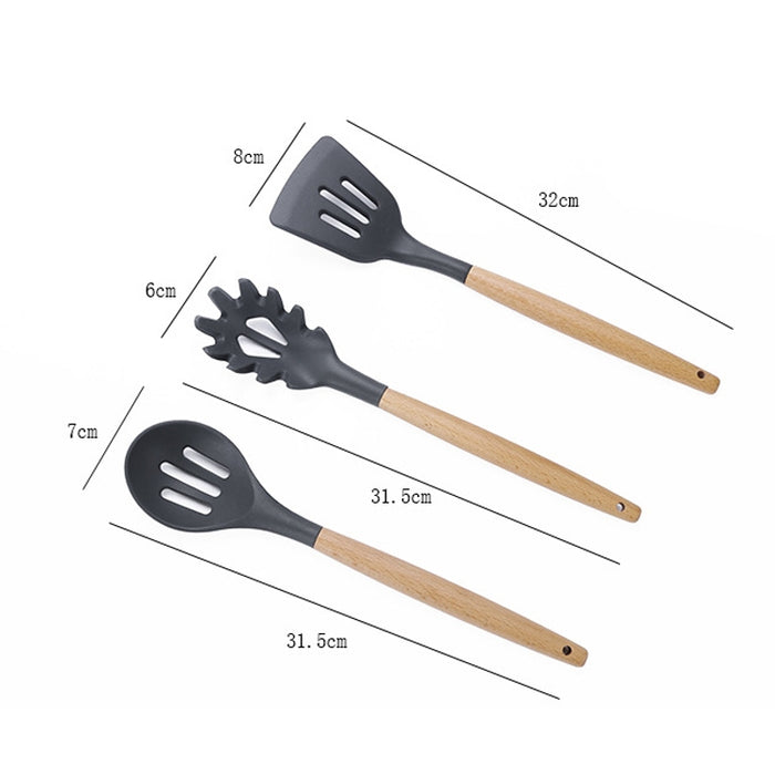 kn020 11 in 1 Wooden Handle Silicone Non-stick Spatula Spoon Kitchen Tool + Bucket Set