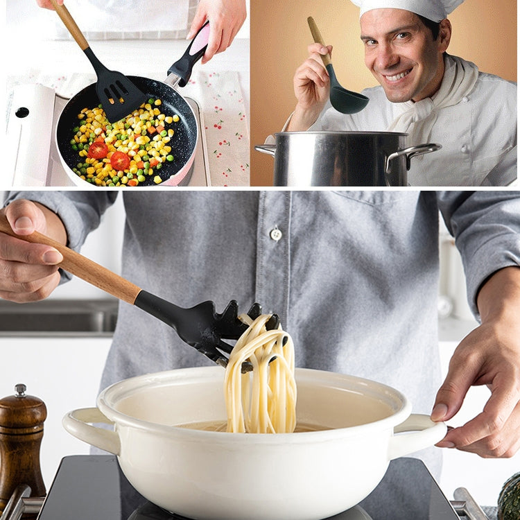 kn020 11 in 1 Wooden Handle Silicone Non-stick Spatula Spoon Kitchen Tool + Bucket Set, 11 in 1 with Bucket