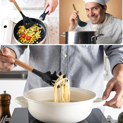kn020 11 in 1 Wooden Handle Silicone Non-stick Spatula Spoon Kitchen Tool + Bucket Set, 11 in 1 with Bucket