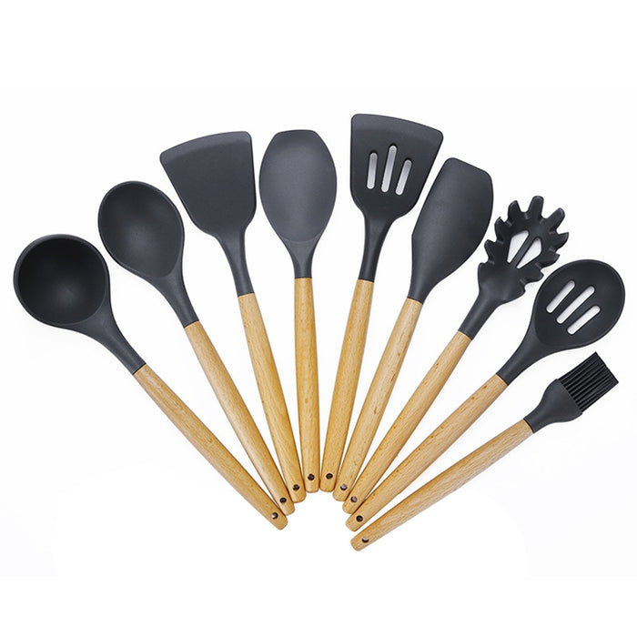 kn020 9 in 1 A Version Wooden Handle Silicone Non-stick Spatula Spoon Kitchen Tool Set