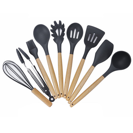 kn020 9 in 1 B Version Wooden Handle Silicone Non-stick Spatula Spoon Kitchen Tool Set