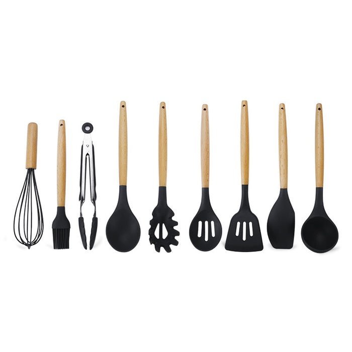 kn020 9 in 1 B Version Wooden Handle Silicone Non-stick Spatula Spoon Kitchen Tool Set