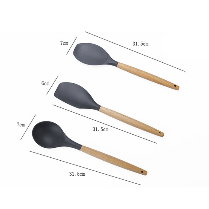 kn082 9 in 1 Wooden Handle Silicone Kitchen Tool Set with Storage Bucket