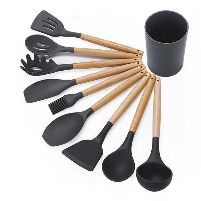 kn082 9 in 1 Wooden Handle Silicone Kitchen Tool Set with Storage Bucket