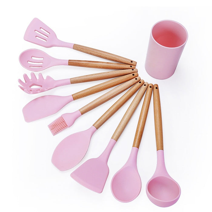 kn082 9 in 1 Wooden Handle Silicone Kitchen Tool Set with Storage Bucket