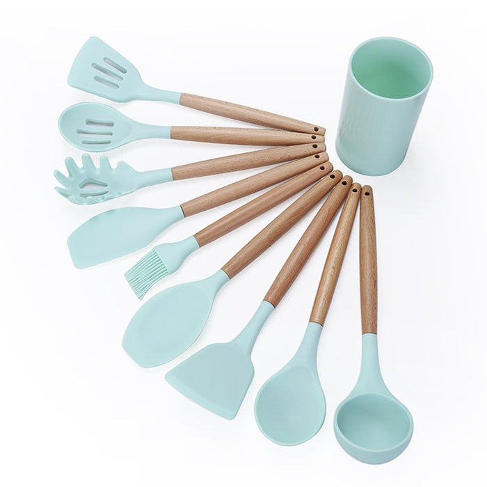 kn082 9 in 1 Wooden Handle Silicone Kitchen Tool Set with Storage Bucket