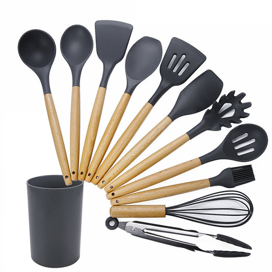 kn082 11 in 1 Wooden Handle Silicone Kitchen Tool Set with Storage Bucket