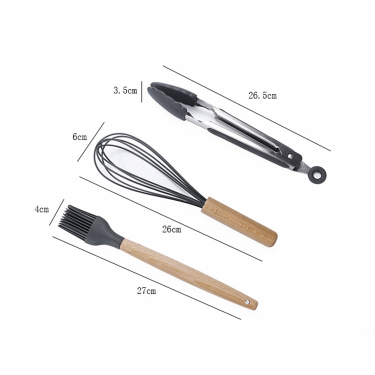 kn082 11 in 1 Wooden Handle Silicone Kitchen Tool Set with Storage Bucket, Black, Pink, Green