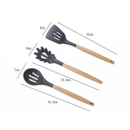 kn082 11 in 1 Wooden Handle Silicone Kitchen Tool Set with Storage Bucket, Black, Pink, Green