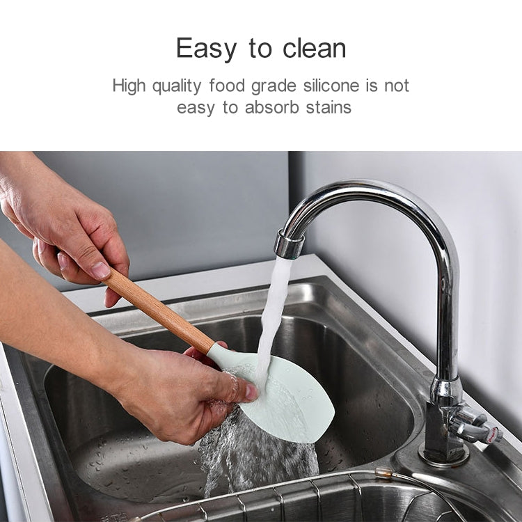 kn082 11 in 1 Wooden Handle Silicone Kitchen Tool Set with Storage Bucket, Black, Pink, Green