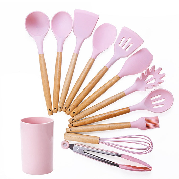 kn082 11 in 1 Wooden Handle Silicone Kitchen Tool Set with Storage Bucket