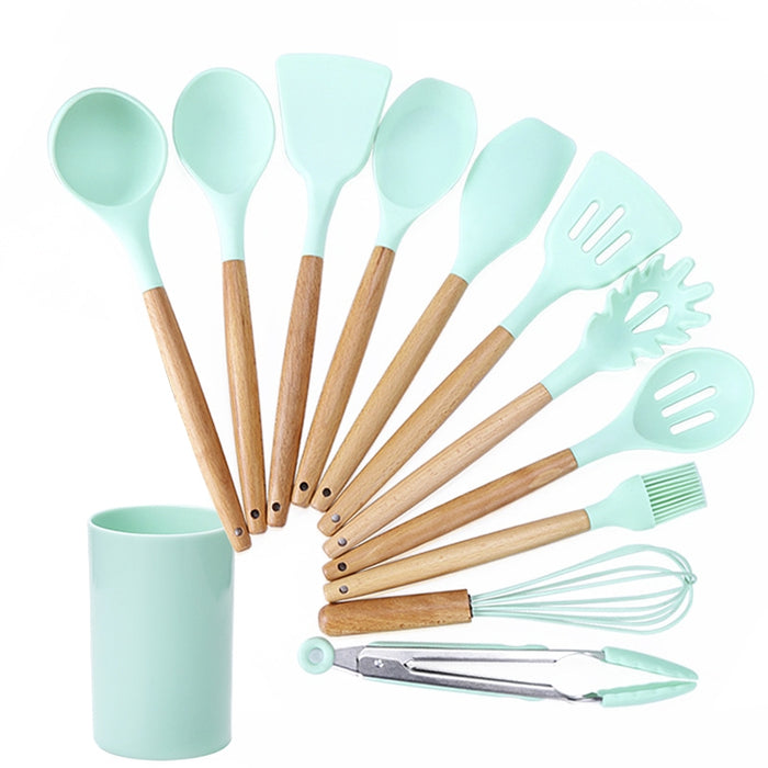 kn082 11 in 1 Wooden Handle Silicone Kitchen Tool Set with Storage Bucket