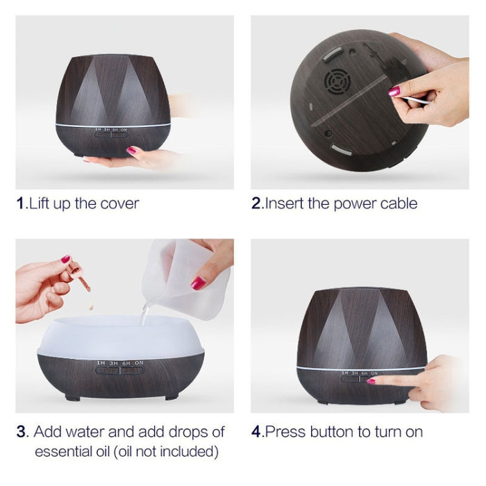 Peach Shape Wood Grain Remote Control Ultrasonic Humidifier Aromatherapy Machine Automatic Alcohol Sprayer with LED Lights, Capacity: 400mL, EU Plug (Dark Wood Color)