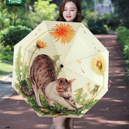 Creative Fashion Three Fold Lazy Cat Pattern Silver Tape Anti Ultraviolet Sunshade Umbrella, Cat Pattern Silver Tape Umbrella