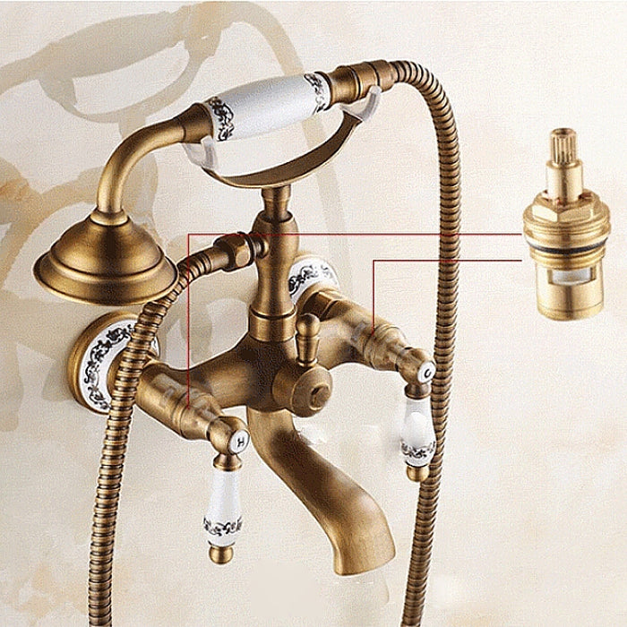 Antique Brass Wall Mounted Bathroom Tub Faucet Dual Ceramics Handles Telephone Style Hand Shower