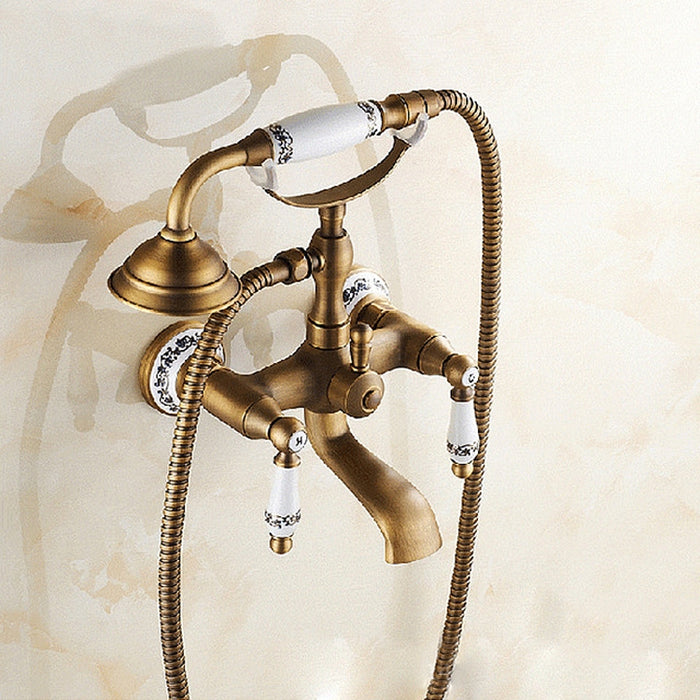 Antique Brass Wall Mounted Bathroom Tub Faucet Dual Ceramics Handles Telephone Style Hand Shower