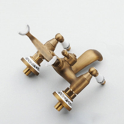 Antique Brass Wall Mounted Bathroom Tub Faucet Dual Ceramics Handles Telephone Style Hand Shower, Blue and White Telephone Shower, Telephone Shower + Fixed Seat, Telephone Shower + Blue and White Fixed Seat