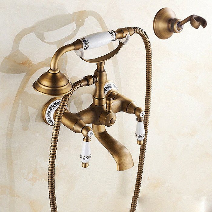 Antique Brass Wall Mounted Bathroom Tub Faucet Dual Ceramics Handles Telephone Style Hand Shower