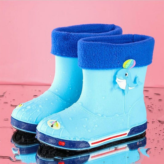 Children Non-Slip Plus Velvet Warm Cartoon Short Rain Boots, Inner Length 15cm With Cotton Cover, Inner Length 16cm With Cotton Cover, Inner Length 17cm With Cotton Cover, Inner Length 18cm With Cotton Cover, Inner Length 19cm With Cotton Cover