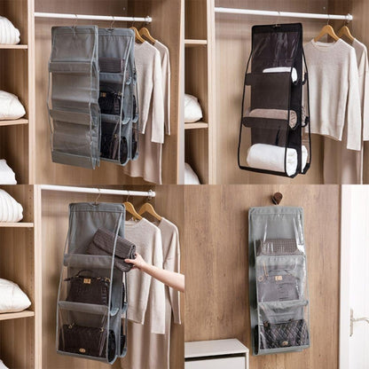 6 Pockets 3 Layers Foldable Hanging Bag Shelf Bag Purse Handbag Organizer, Black, Gray