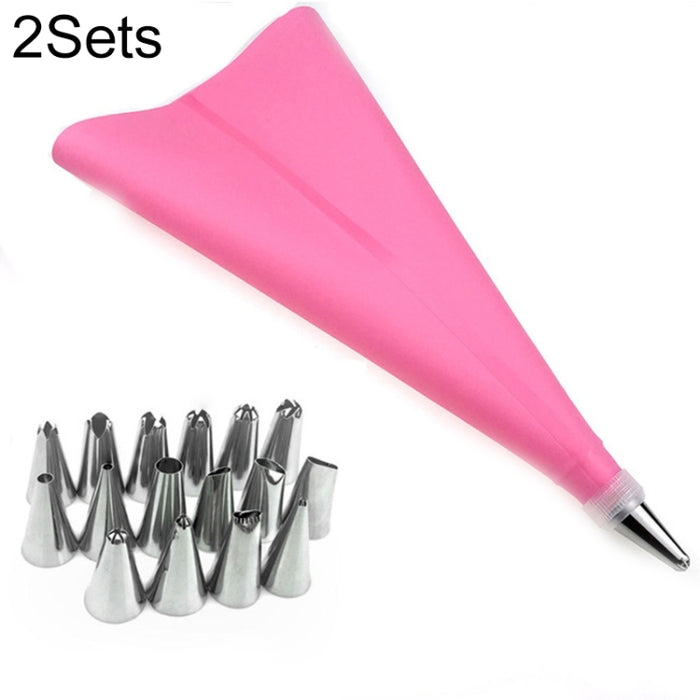 2 Sets Reusable Silicone Pastry Bag Cake Decorating Tools with 16 Nozzles Tips