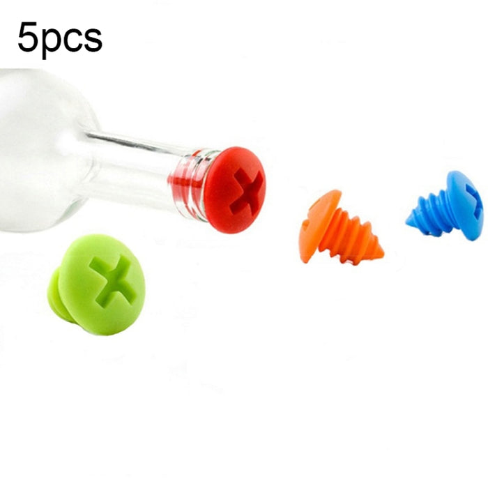 5pcs Screw Shape Red Wine Preservation Silicone Bottle Stopper Random Colour Delivery