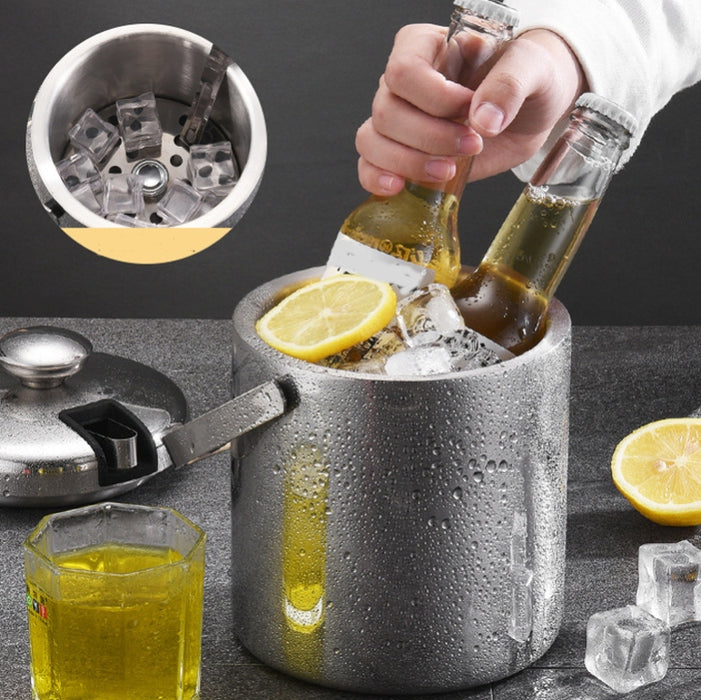 304 Stainless Steel Ice Bucket Double-Layer Hollow Bar Beer Wine Barrel With Ice Clip, Capacity: 1.3L