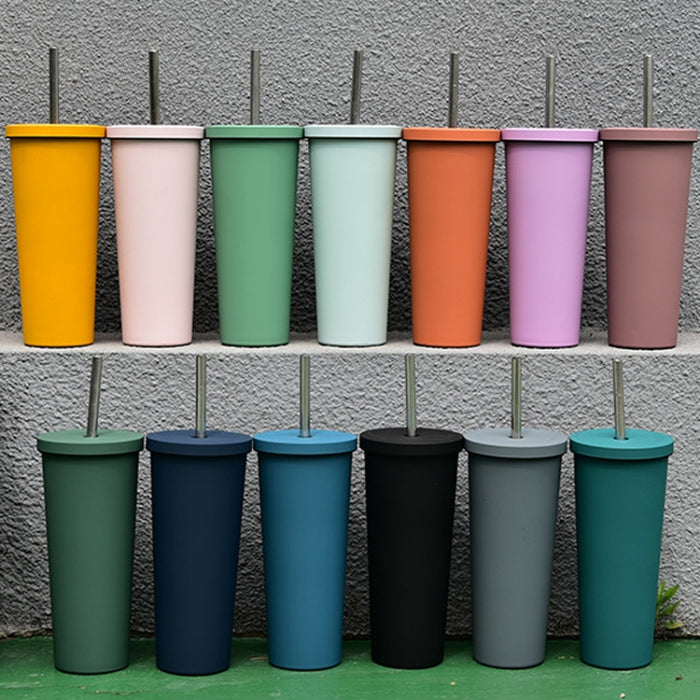 700ml Large Capacity Double Stainless Steel Straw Cup Vacuum Outdoor 304 Insulation Cup Car Water Cup