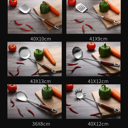 304 Stainless Steel Wooden Handle Kitchenware Kitchen Equipment, Style:, Fried Spatula, Soup Spoon, Slotted Spoon, Slotted Shovel, Noodle Scoop, Rice Spoon