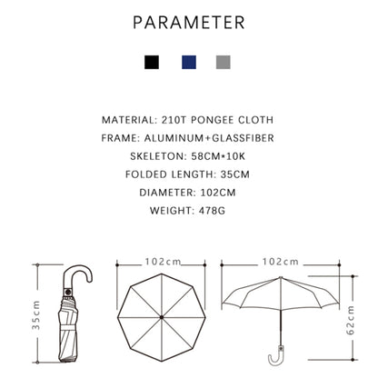 PARACHASE Solid Wood Bending Handle 10 Bone Three Fold Automatic Umbrella, Grey, Black, Navy