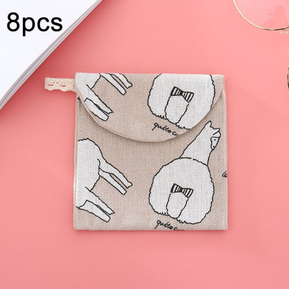 8pcs Cotton and Linen Sanitary Napkin Storage Bag Handy Clutch Bag, Gray Camel, Lucky Cat, Leaves, Blue Cat, Turtle, Black -bottomed White Tree