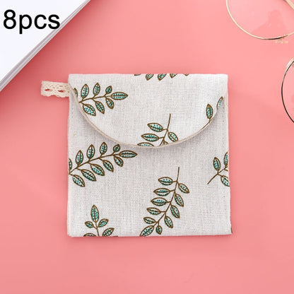 8pcs Cotton and Linen Sanitary Napkin Storage Bag Handy Clutch Bag, Gray Camel, Lucky Cat, Leaves, Blue Cat, Turtle, Black -bottomed White Tree