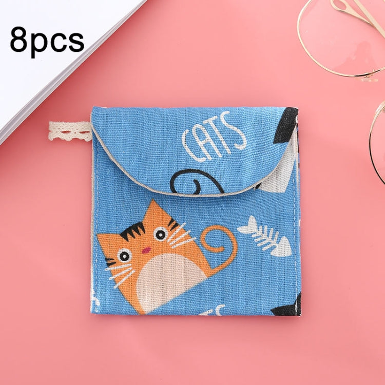 8pcs Cotton and Linen Sanitary Napkin Storage Bag Handy Clutch Bag, Gray Camel, Lucky Cat, Leaves, Blue Cat, Turtle, Black -bottomed White Tree