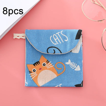 8pcs Cotton and Linen Sanitary Napkin Storage Bag Handy Clutch Bag, Gray Camel, Lucky Cat, Leaves, Blue Cat, Turtle, Black -bottomed White Tree