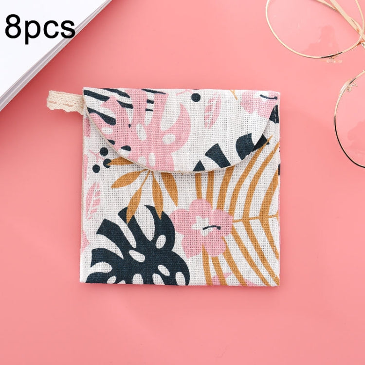 8pcs Cotton and Linen Sanitary Napkin Storage Bag Handy Clutch Bag, Gray Camel, Lucky Cat, Leaves, Blue Cat, Turtle, Black -bottomed White Tree