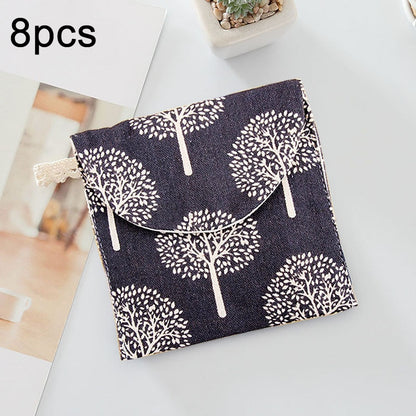 8pcs Cotton and Linen Sanitary Napkin Storage Bag Handy Clutch Bag, Gray Camel, Lucky Cat, Leaves, Blue Cat, Turtle, Black -bottomed White Tree