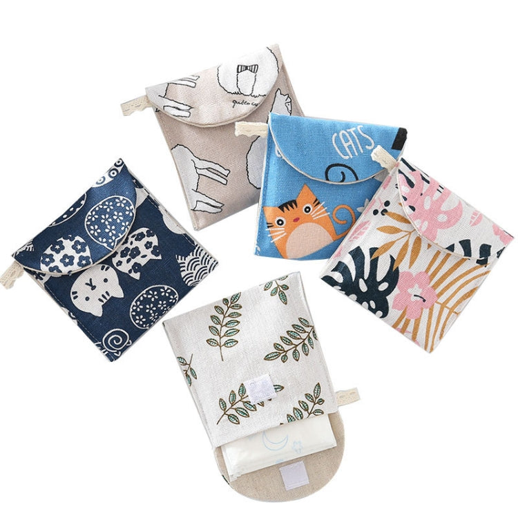 8pcs Cotton and Linen Sanitary Napkin Storage Bag Handy Clutch Bag, Gray Camel, Lucky Cat, Leaves, Blue Cat, Turtle, Black -bottomed White Tree