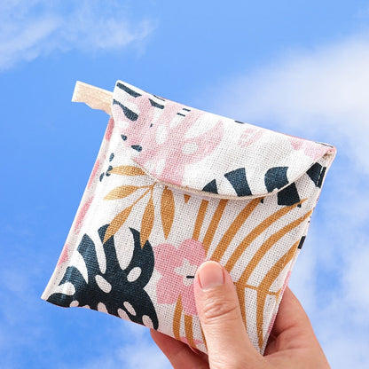 8pcs Cotton and Linen Sanitary Napkin Storage Bag Handy Clutch Bag, Gray Camel, Lucky Cat, Leaves, Blue Cat, Turtle, Black -bottomed White Tree