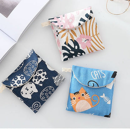 8pcs Cotton and Linen Sanitary Napkin Storage Bag Handy Clutch Bag, Gray Camel, Lucky Cat, Leaves, Blue Cat, Turtle, Black -bottomed White Tree