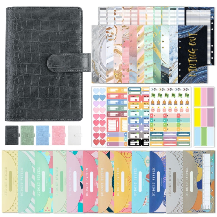 A6 Crocodile Pattern PU Leather Loose-Leaf Binder Budget Notebook Cash Envelope Organizer, Crocodile Pattern (Bean Green), Crocodile Pattern (Warm White), Crocodile Pattern (Pink), Crocodile Pattern (Glaze Blue), Crocodile Pattern (Rock Gray)