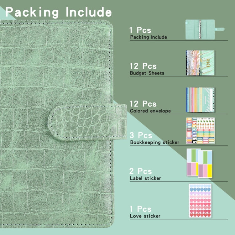 A6 Crocodile Pattern PU Leather Loose-Leaf Binder Budget Notebook Cash Envelope Organizer, Crocodile Pattern (Bean Green), Crocodile Pattern (Warm White), Crocodile Pattern (Pink), Crocodile Pattern (Glaze Blue), Crocodile Pattern (Rock Gray)