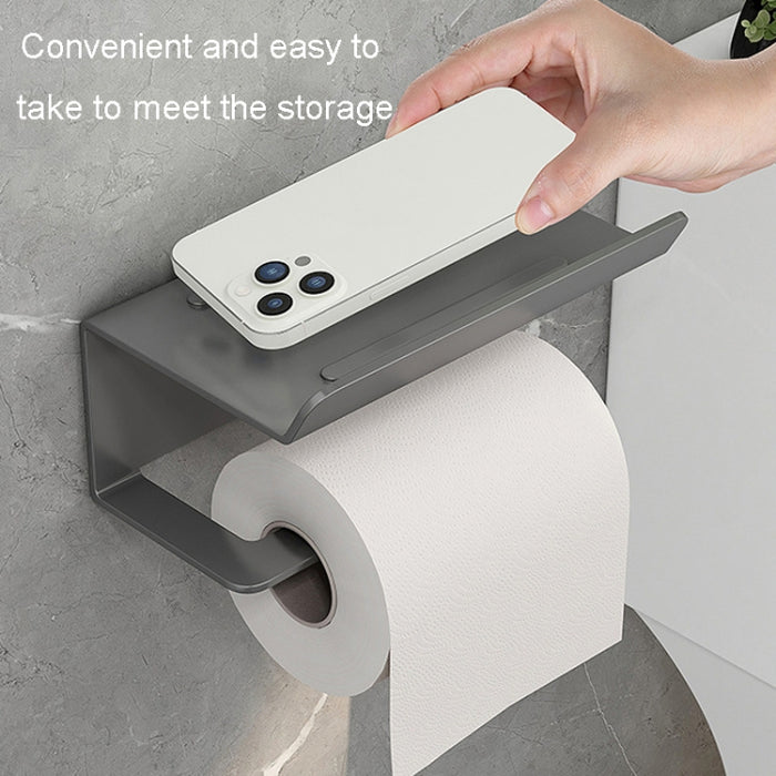 Stainless Steel Bathroom Roll Paper Holder No-Punch Cell Phone Storage Shelf