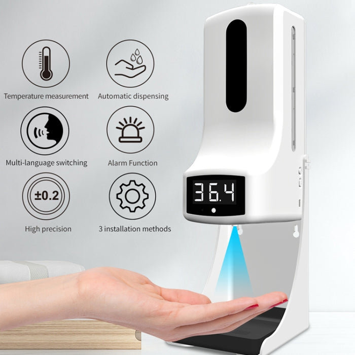 K9 Pro Handsfree Non-contact Body Light-sensitive Distance Sensor Thermometer + 1000ml Automatic Non-contact Liquid Soap Dispenser with Base Mount