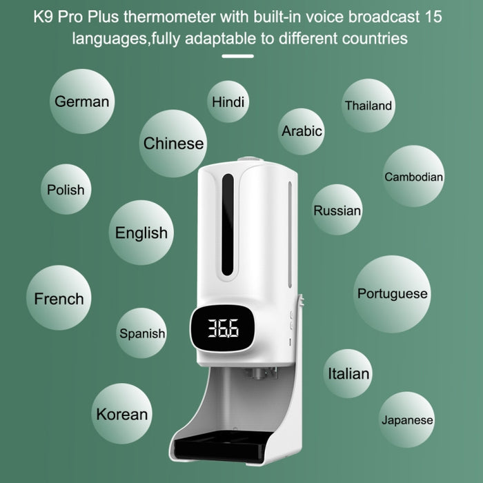 K9 Pro Plus Handsfree Non-contact Body Thermometer + 1000ml Automatic Non-contact Liquid Soap Dispenser with Base Mount, 15 Languages Voice Broadcast